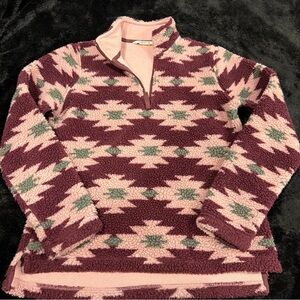 Orvis Pink and Burgundy Aztec Half-Zip Sweater